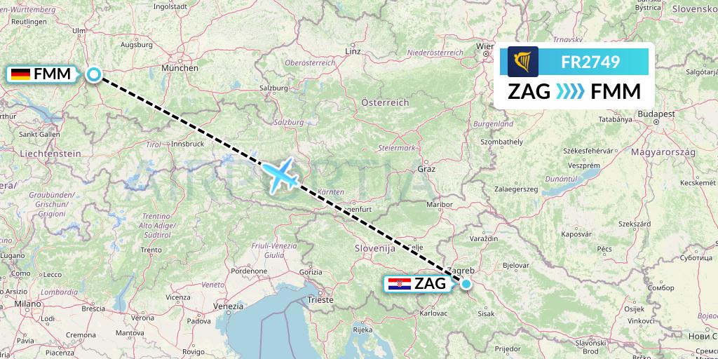 FR2749 Ryanair Flight Map: Zagreb to Memmingen