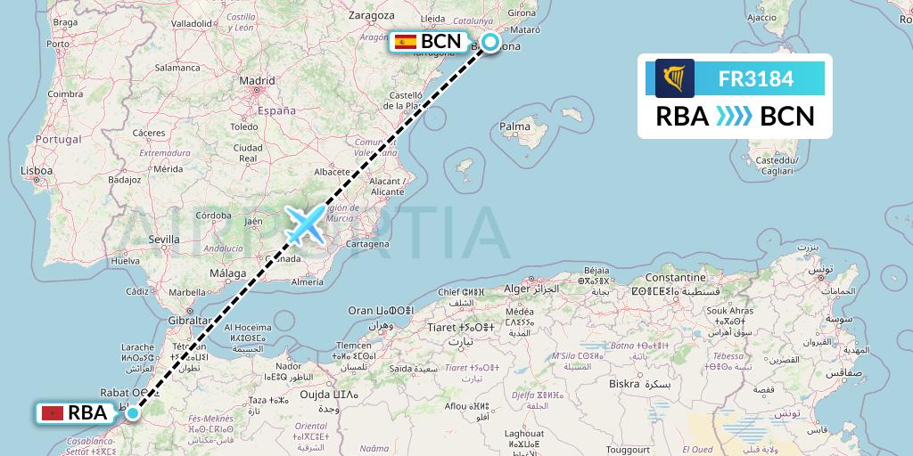FR3184 Ryanair Flight Map: Rabat to Barcelona
