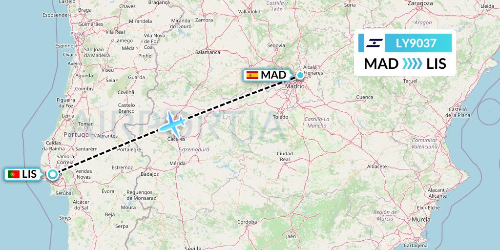 LY9037 El Al Flight Map: Madrid to Lisbon
