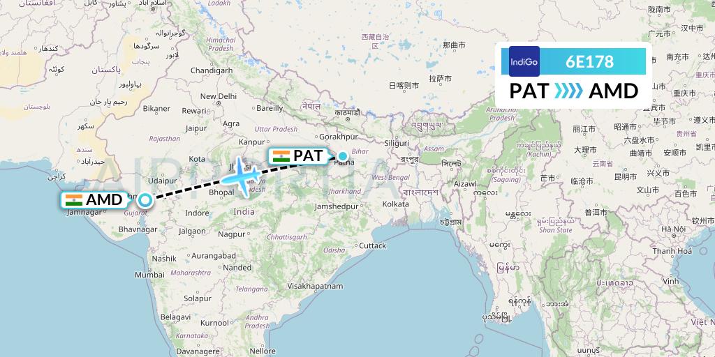 6E178 IndiGo Airlines Flight Map: Patna to Ahmedabad