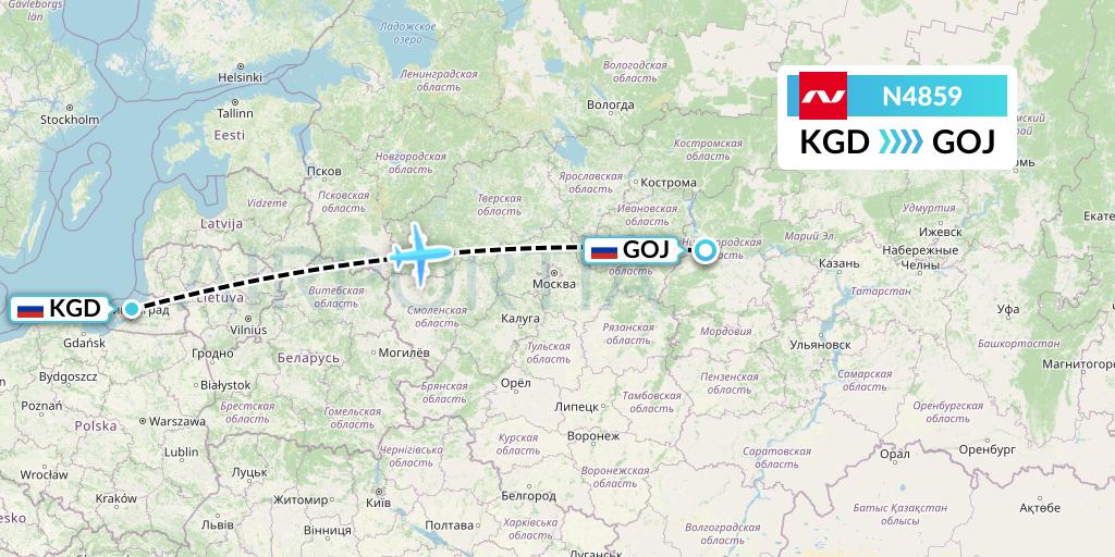 N4859 Nordwind Airlines Flight Map: Kaliningrad to Nizhny Novgorod