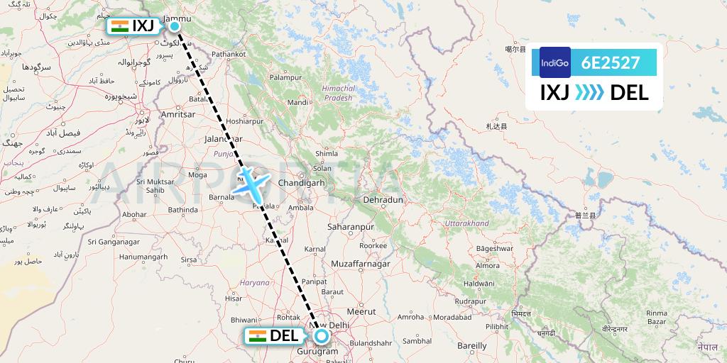 6E2527 IndiGo Airlines Flight Map: Jammu to Delhi