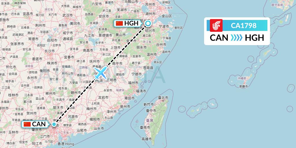 CA1798 Air China Flight Map: Guangzhou to Hangzhou