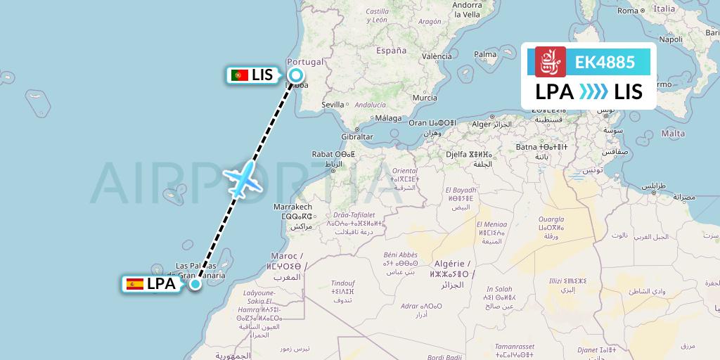 EK4885 Emirates Flight Map: Las Palmas to Lisbon