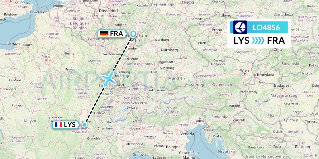 LO4856 LOT Flight Map: Lyon to Frankfurt