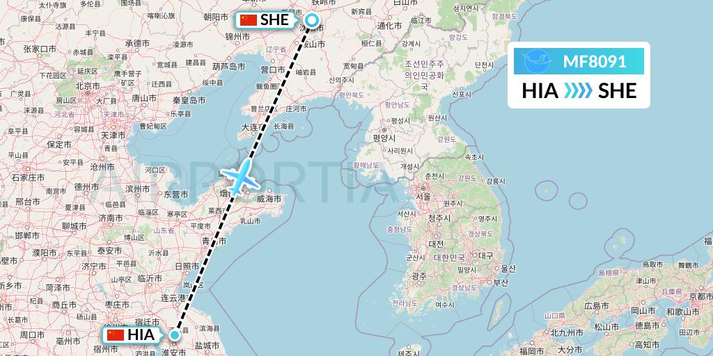 MF8091 Xiamen Airlines Flight Map: Huai'an to Shenyang