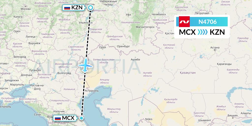 N4706 Nordwind Airlines Flight Map: Makhachkala to Kazan