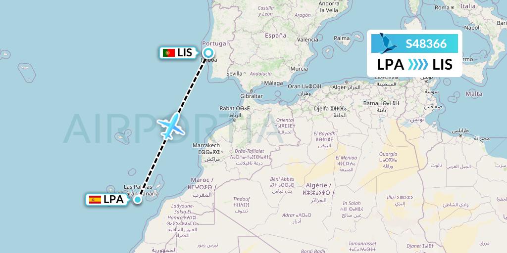 S48366 Azores Airlines Flight Map: Las Palmas to Lisbon