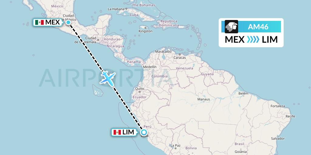 AM46 Aeromexico Flight Map: Mexico City to Lima