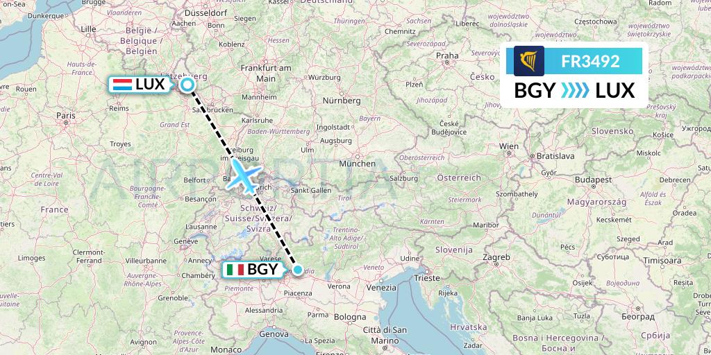 FR3492 Ryanair Flight Map: Milan to Luxembourg