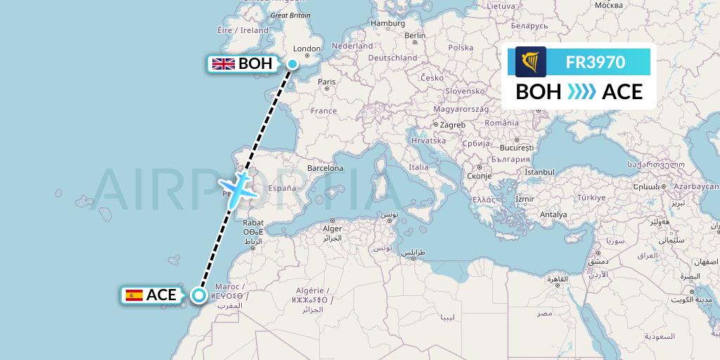 FR3970 Ryanair Flight Map: Bournemouth to Lanzarote