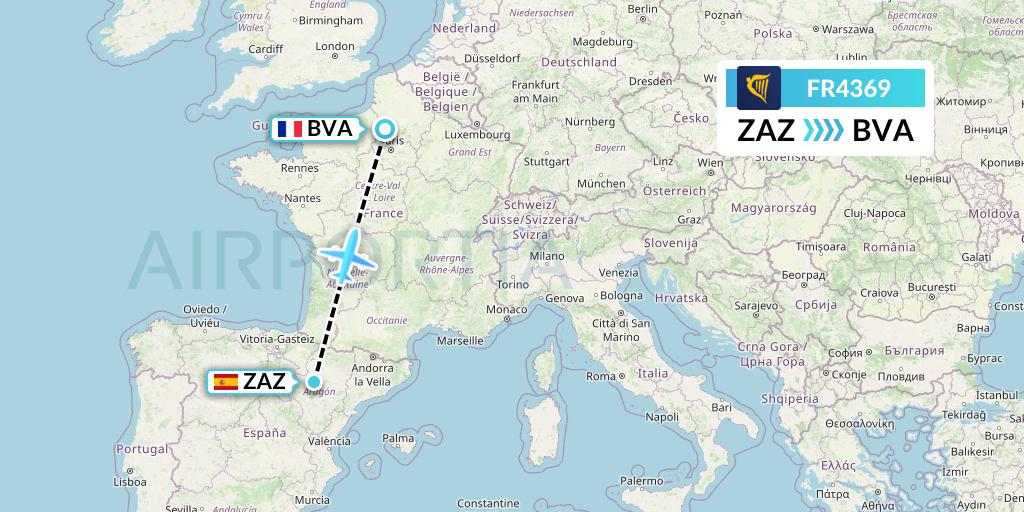 FR4369 Ryanair Flight Map: Zaragoza to Paris