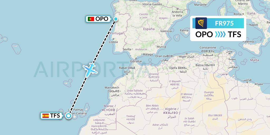FR975 Ryanair Flight Map: Porto to Tenerife