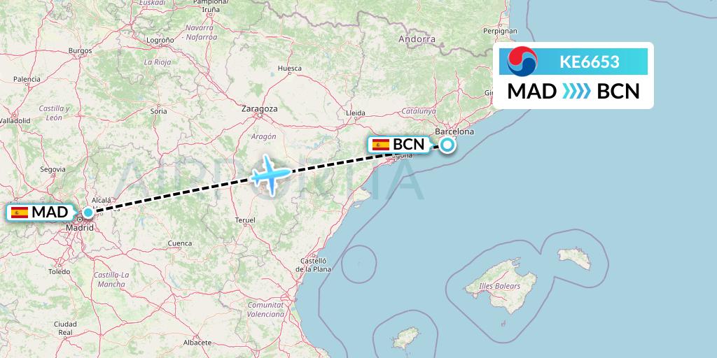 KE6653 Korean Air Flight Map: Madrid to Barcelona