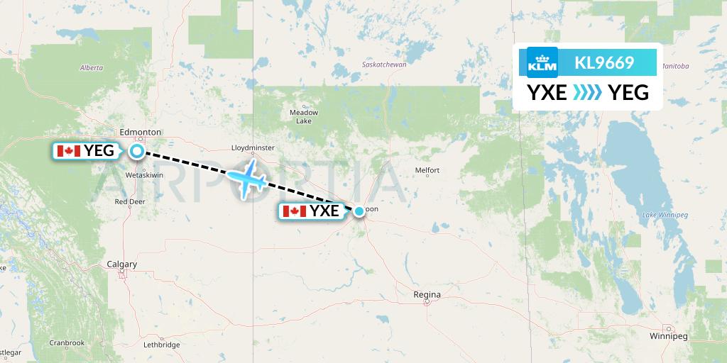 KL9669 KLM Flight Map: Saskatoon to Edmonton