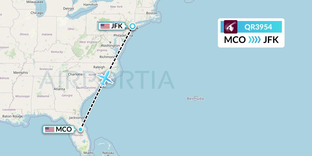 QR3954 Qatar Airways Flight Map: Orlando to New York