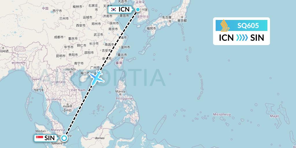 SQ605 Singapore Airlines Flight Map: Seoul to Singapore