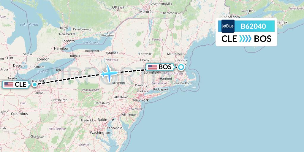 B62040 JetBlue Airways Flight Map: Cleveland to Boston