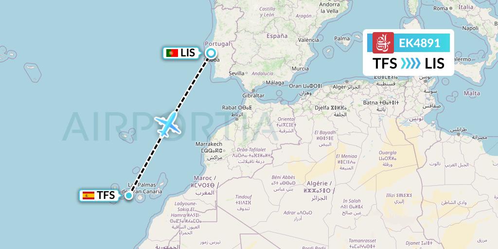 EK4891 Emirates Flight Map: Tenerife to Lisbon