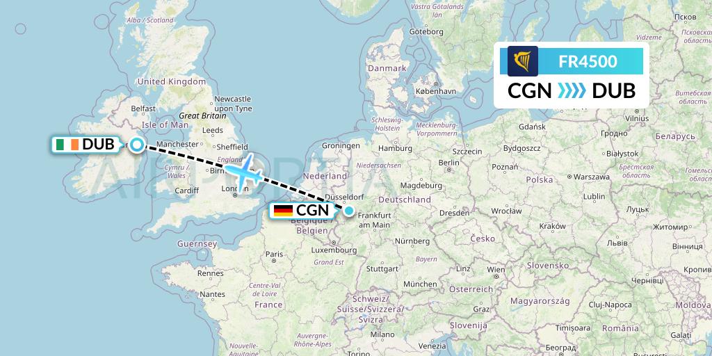FR4500 Ryanair Flight Map: Cologne to Dublin