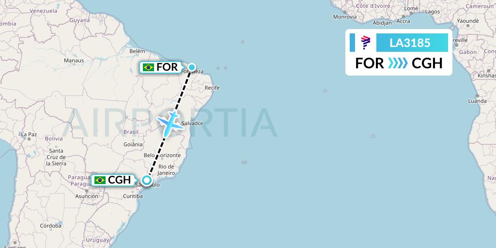 LA3185 LAN Airlines Flight Map: Fortaleza to Sao Paulo