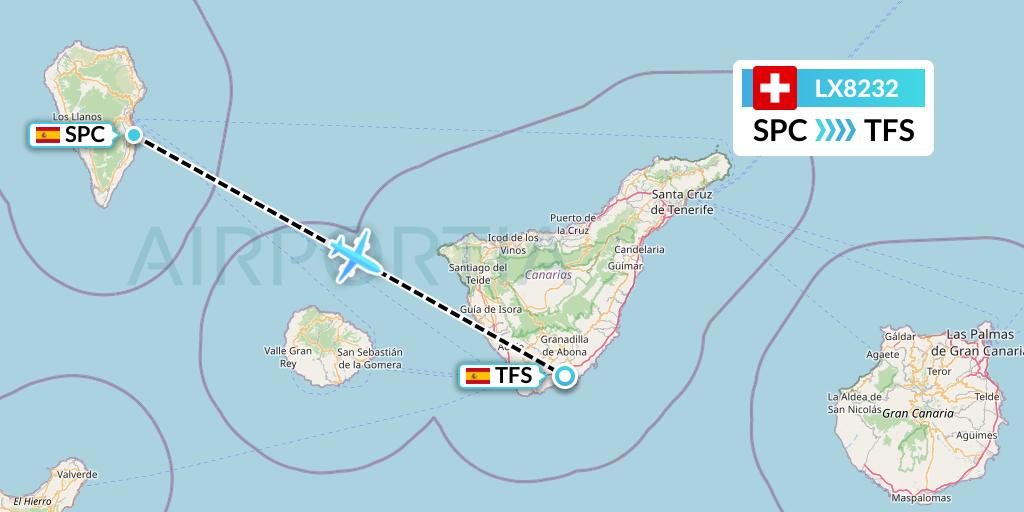 LX8232 Swiss Flight Map: La Palma to Tenerife