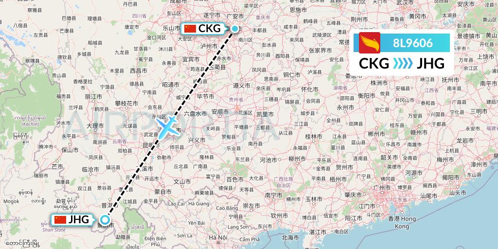 8L9606 Lucky Air Flight Map: Chongqing to Jinghong
