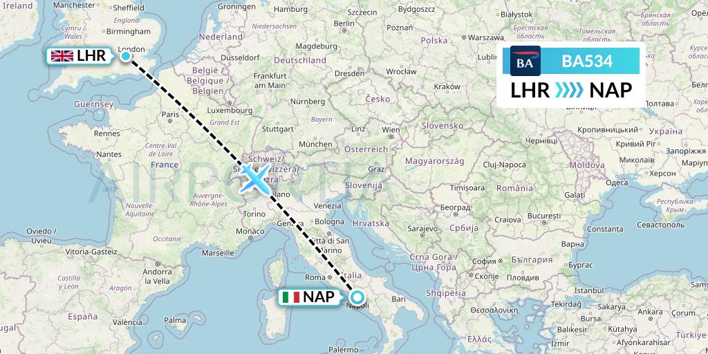BA534 British Airways Flight Map: London to Naples