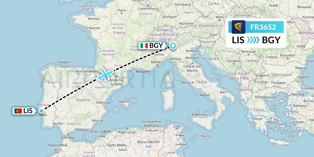 FR3652 Ryanair Flight Map: Lisbon to Milan