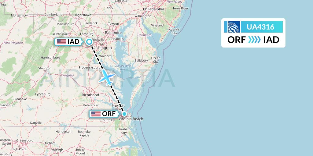 UA4316 United Airlines Flight Map: Norfolk to Washington