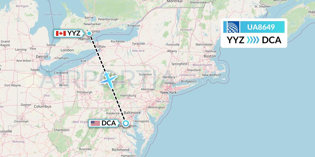 UA8649 United Airlines Flight Map: Toronto to Washington