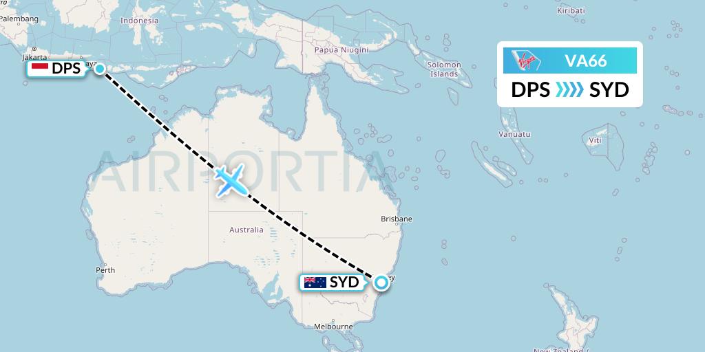 VA66 Virgin Australia Flight Map: Denpasar to Sydney