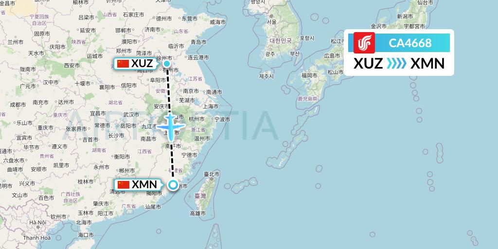 CA4668 Air China Flight Map: Xuzhou to Xiamen