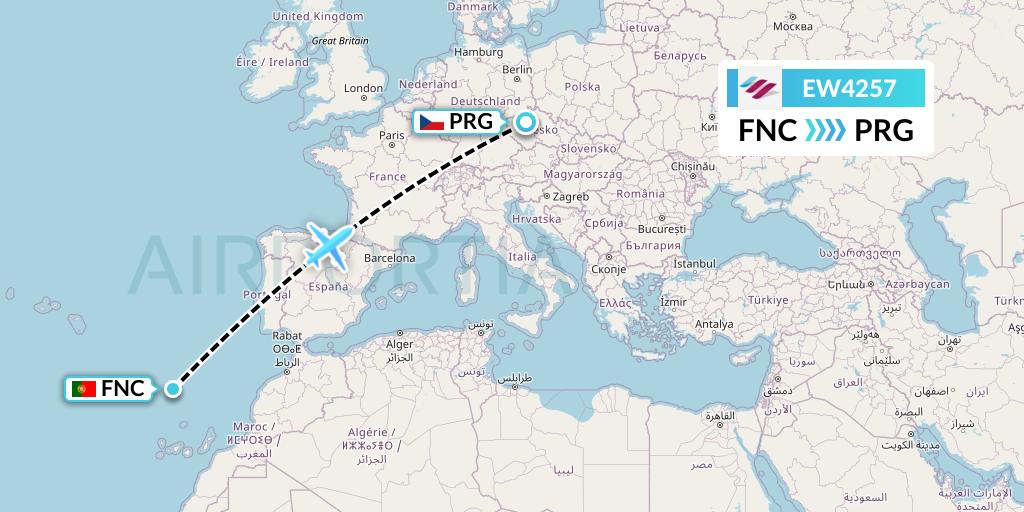 EW4257 Eurowings Flight Map: Funchal to Prague