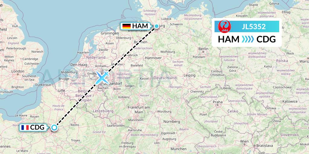 JL5352 Japan Airlines Flight Map: Hamburg to Paris