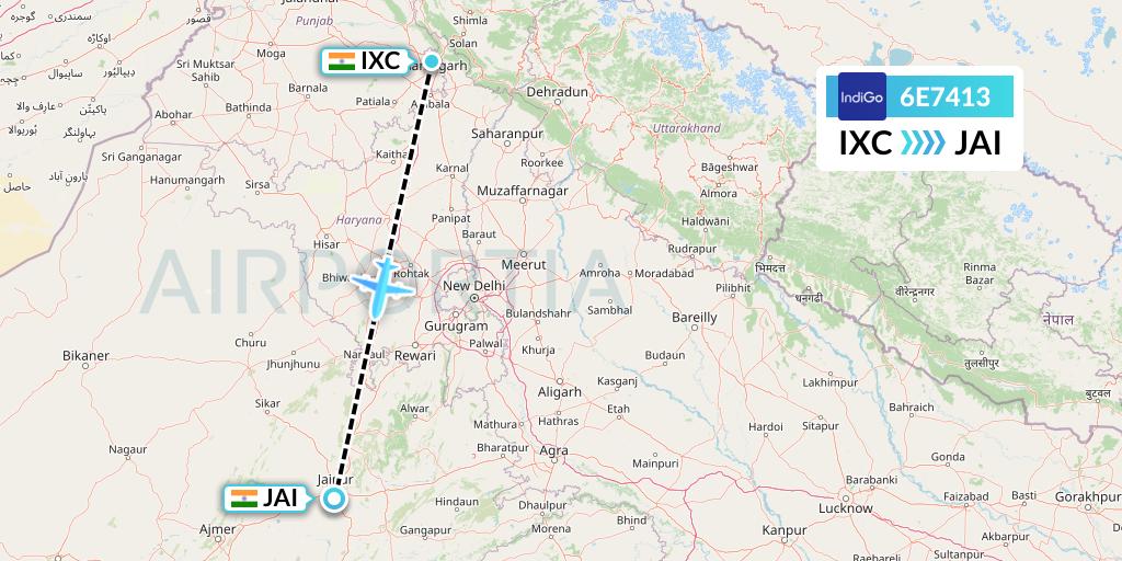 6E7413 IndiGo Airlines Flight Map: Chandigarh to Jaipur