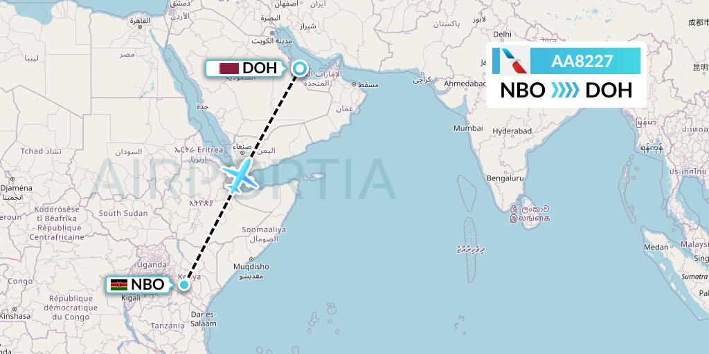 AA8227 American Airlines Flight Map: Nairobi to Doha