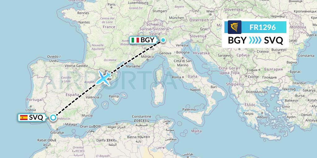 FR1296 Ryanair Flight Map: Milan to Seville