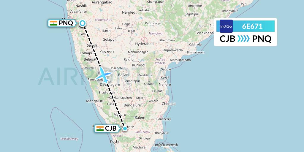 6E671 IndiGo Airlines Flight Map: Coimbatore to Pune