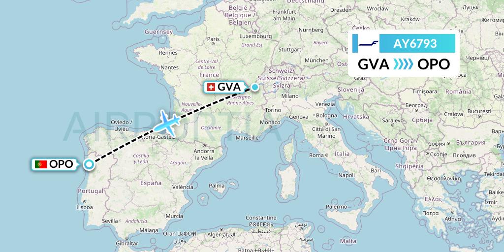 AY6793 Finnair Flight Map: Geneva to Porto