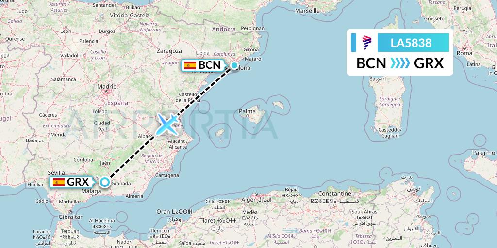 LA5838 LAN Airlines Flight Map: Barcelona to Granada