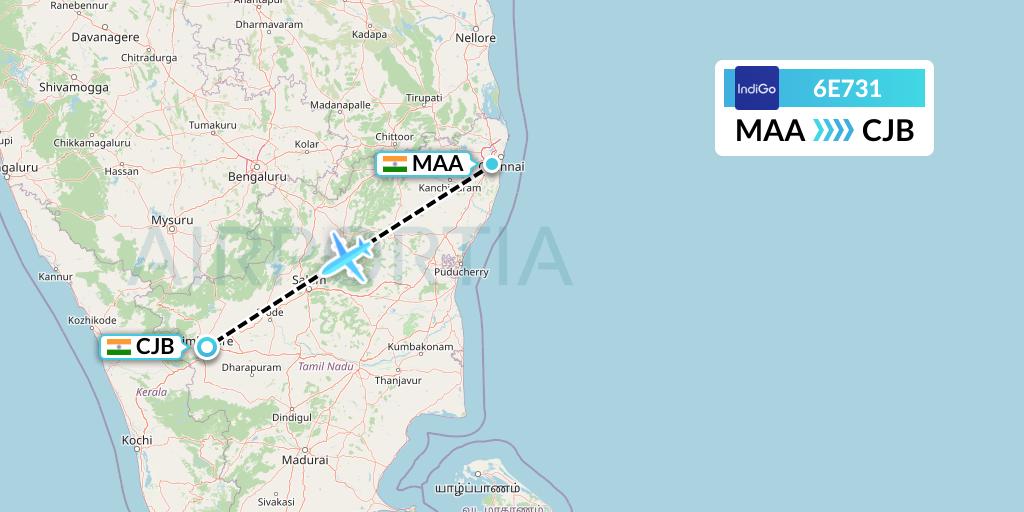 6E731 IndiGo Airlines Flight Map: Chennai to Coimbatore