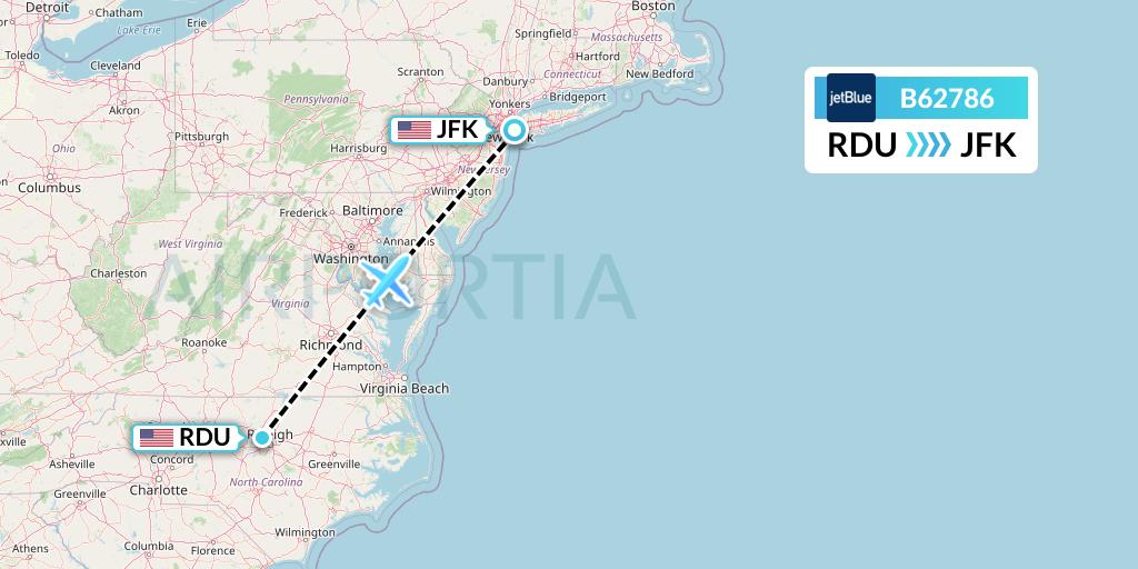 B62786 JetBlue Airways Flight Map: Raleigh-Durham to New York