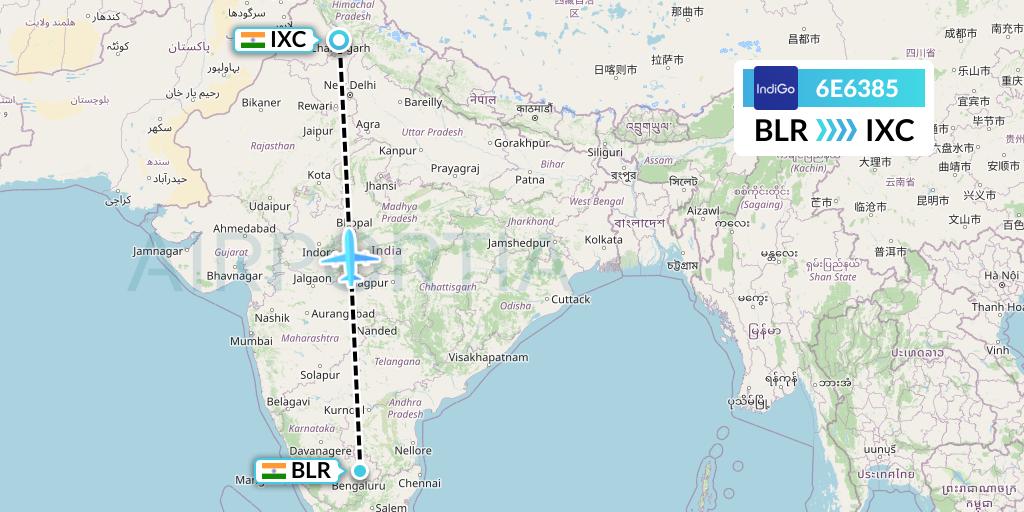 6E6385 IndiGo Airlines Flight Map: Bangalore to Chandigarh