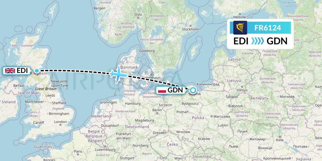 FR6124 Ryanair Flight Map: Edinburgh to Gdansk