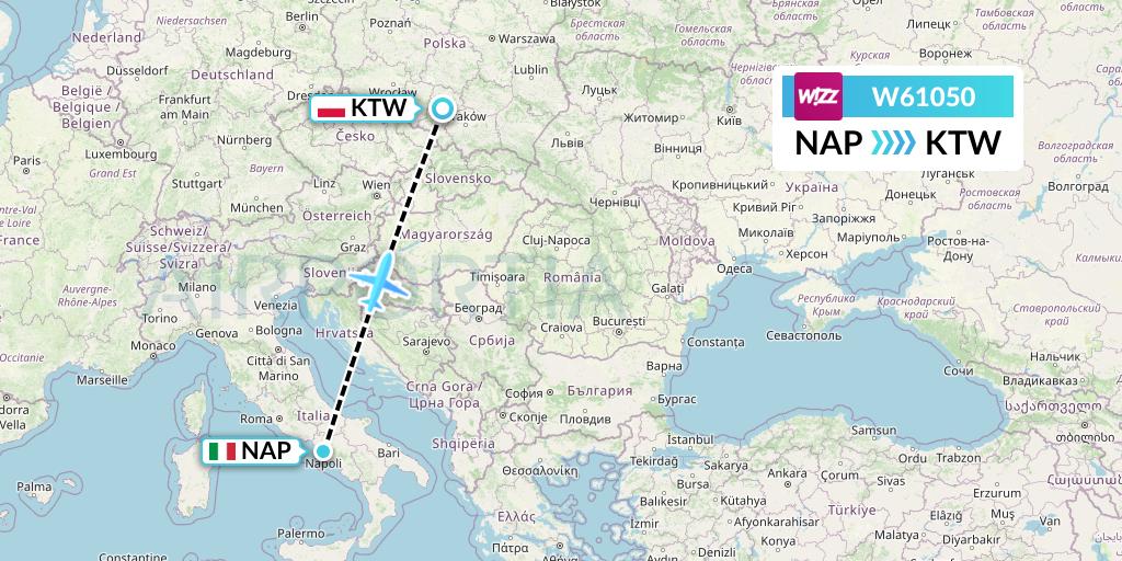 W61050 Wizz Air Flight Map: Naples to Katowice