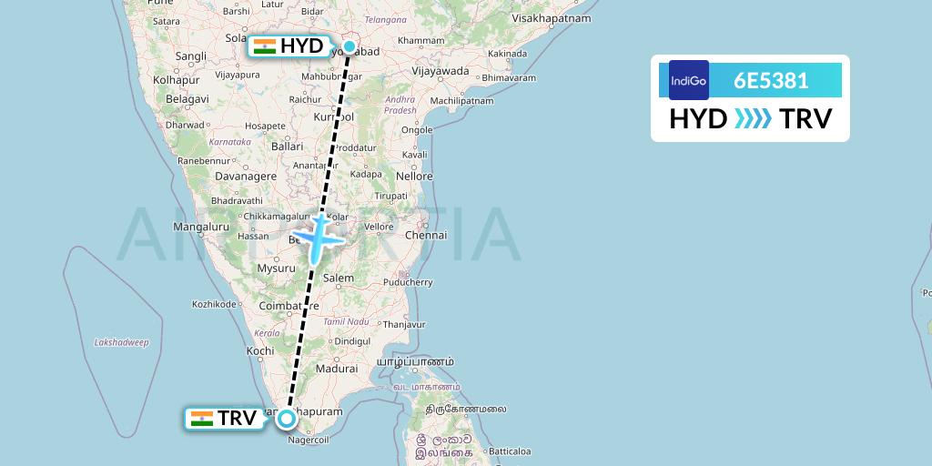 6E5381 IndiGo Airlines Flight Map: Hyderabad to Thiruvananthapuram