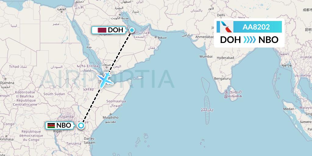 AA8202 American Airlines Flight Map: Doha to Nairobi