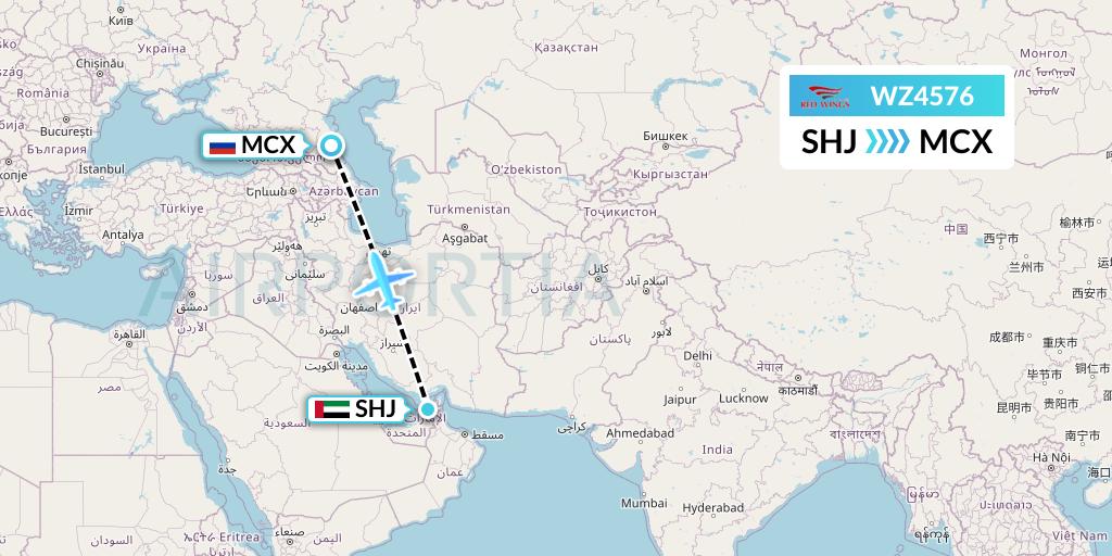 WZ4576 Red Wings Flight Map: Sharjah to Makhachkala