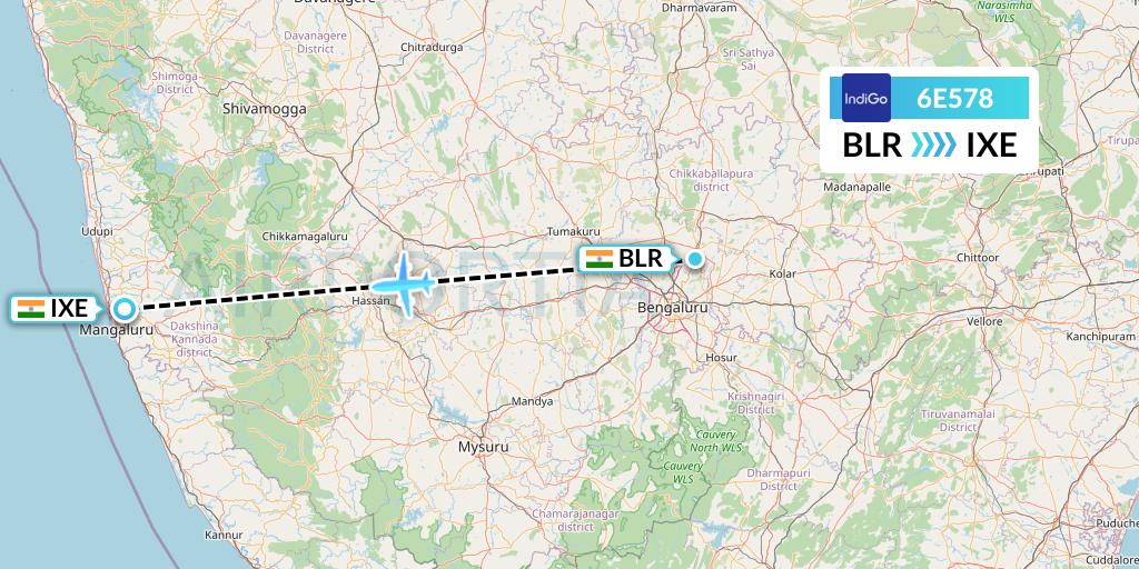 6E578 IndiGo Airlines Flight Map: Bangalore to Mangalore